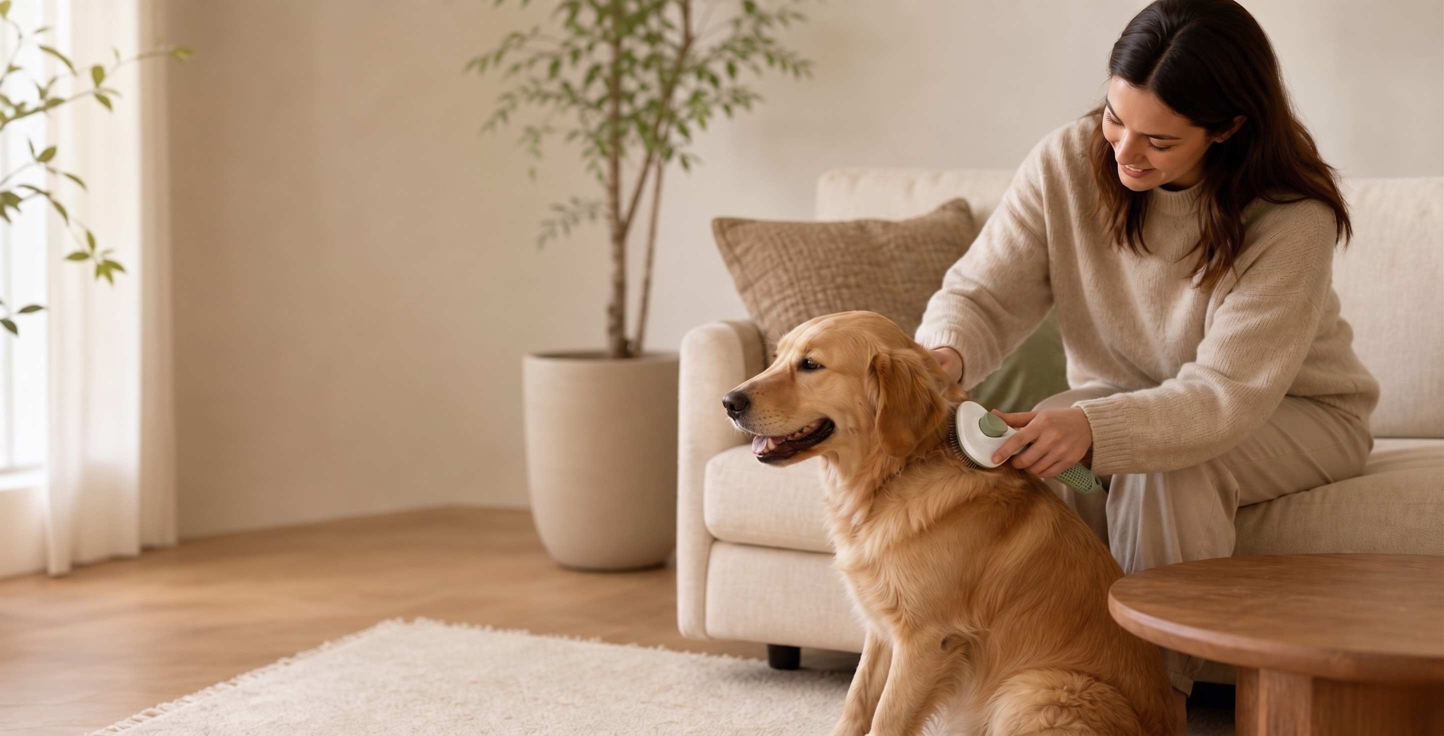 Chien brossé dans un salon lumineux avec la brosse NOMA