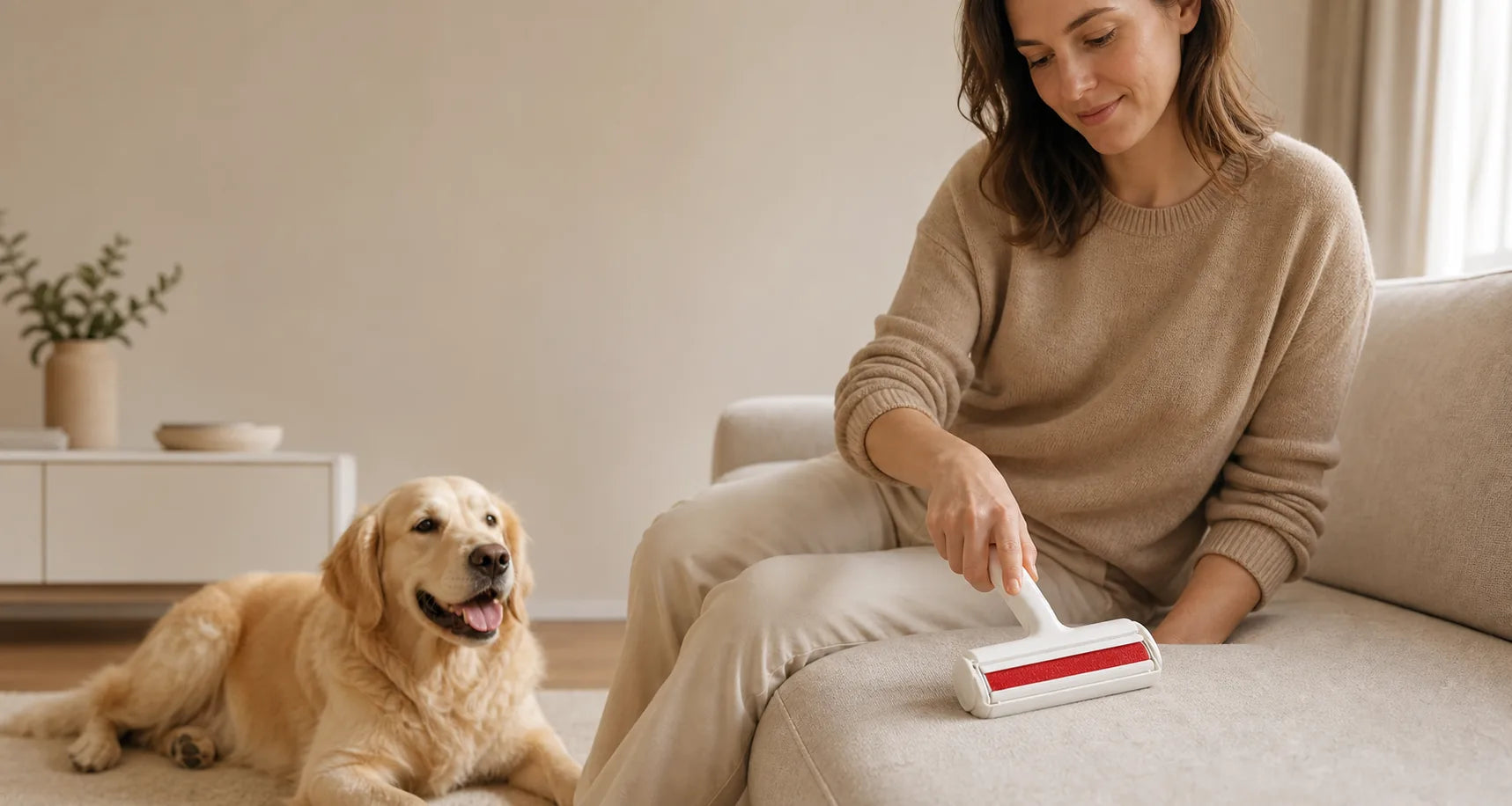 Ramasse-poils NOMA utilisé sur un canapé, avec un chien à proximité